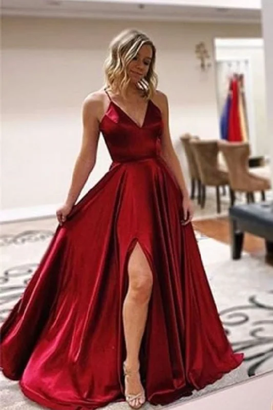 Must-Have Deals Lace-Up Back A-line Brugundy Long Prom Dress with Slit