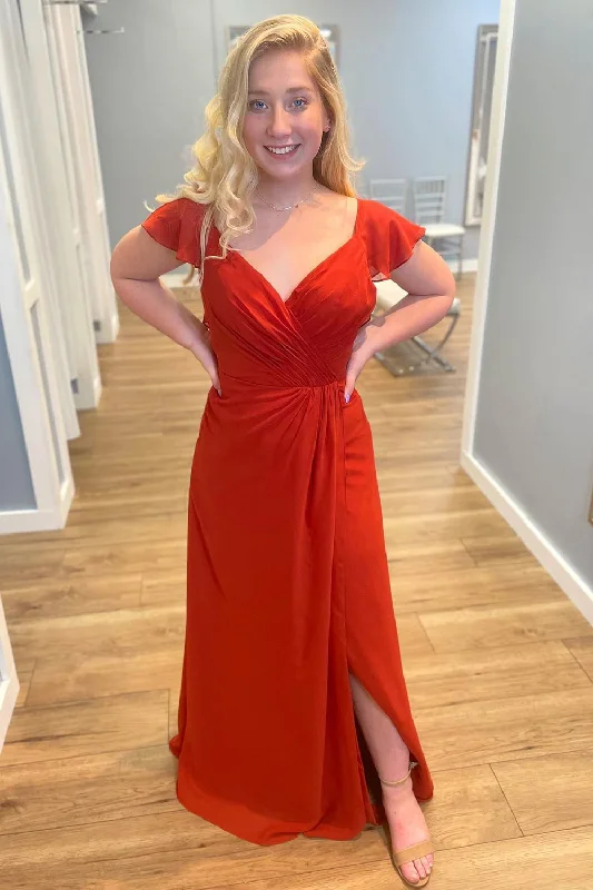 Major Savings Pleated V-Neck Red Sleeves Chiffon Bridesmaid Dress