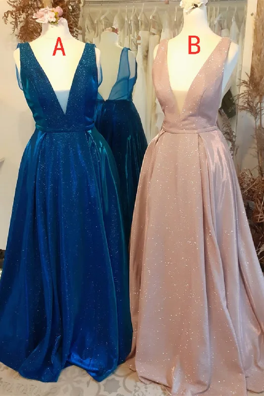 Overstock A-Line Deep V-Neck Blush Pink Long Prom Dress