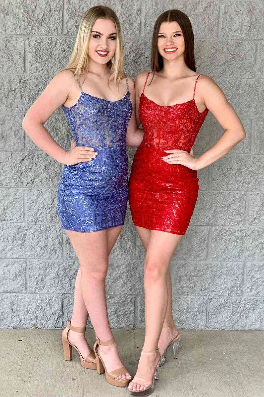 Hurry In Straps Fitted Short Homecoming Dress with Sheer Lace Bodice