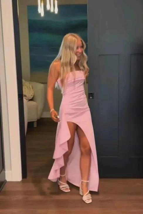 Year-End Clearance Strapless Pink Fitted Frill Slit Party Dress