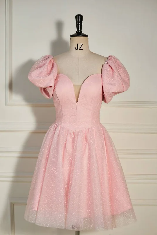 Super Bargain Strapless Pink Balloon Sleeves Short Party Dress with Dots