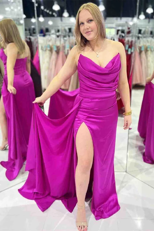 Year-End Sale Fichsia Cowl Neck Mermaid Satin Pleated Slit Long Prom Dress