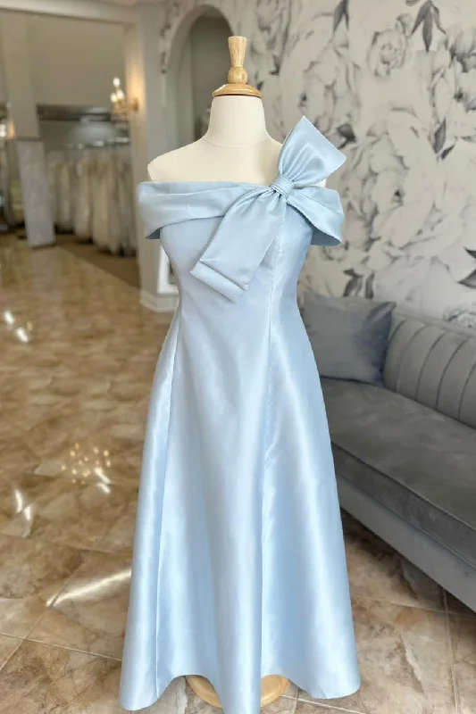 Hurry In Off the Shoulder Light Blue Satin Dress with Bow
