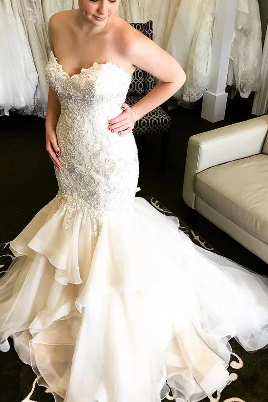 Discount Mania Long Ruffles Mermaid Sweetheart Ivory Wedding Dress with Lace