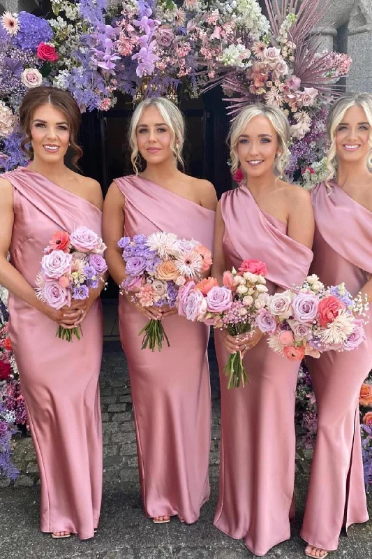 Final Clearance One Shoulder Crepe Blush Fitted Bridesmaid Dress