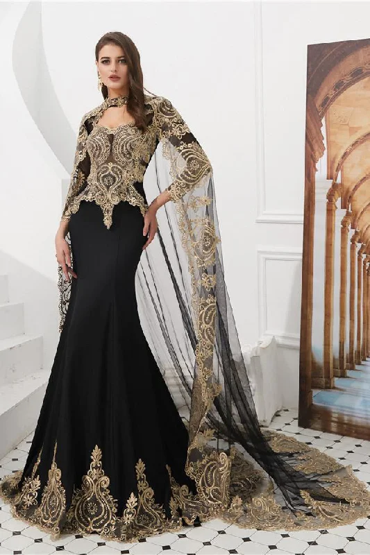 Early Access Luxurious Black Long Prom Dress with Champagne Appliques