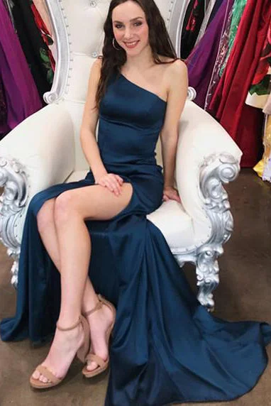 Lowest Prices Sheath One Shoulder Navy Blue Prom Dress with Side Slit