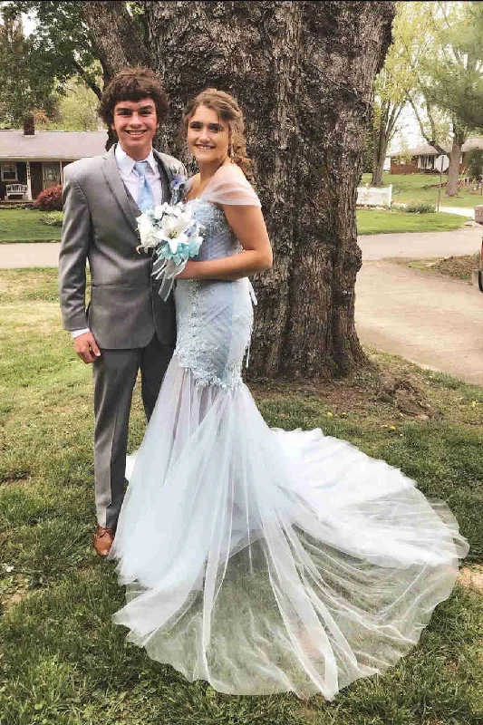 Special Price Mermaid Cap Sleeves Light Blue Prom Gown with Appliques