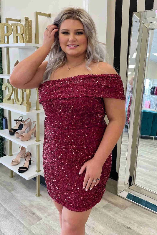Quick Sale Off the Shoulder Burgundy Tight Homecoming Dress