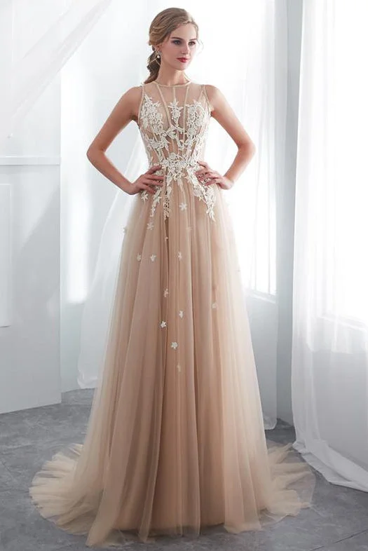 Buy More, Save More Gorgeous Long Champagne Prom Dress with White Lace Appliques
