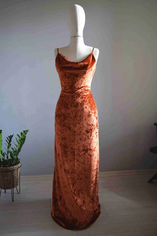 Today's Special Cowl Neck Straps Burnt Orange Velvet Long Bridesmaid Dress