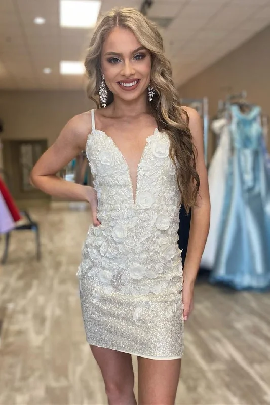Price Cut Tight Silver Sequined Short Homecoming Dress with Flowers