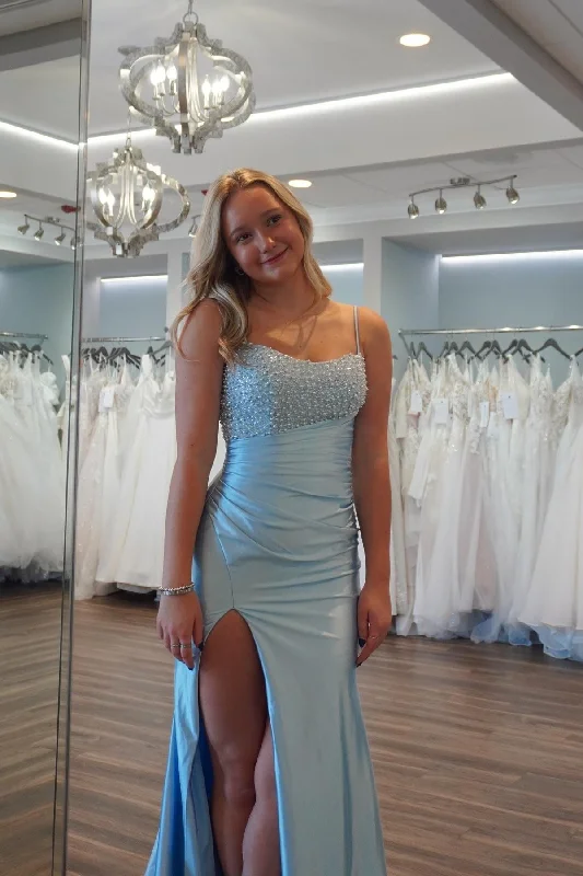 Exclusive Access Light Blue Pearls and Satin Ruched Fitted Prom Dress