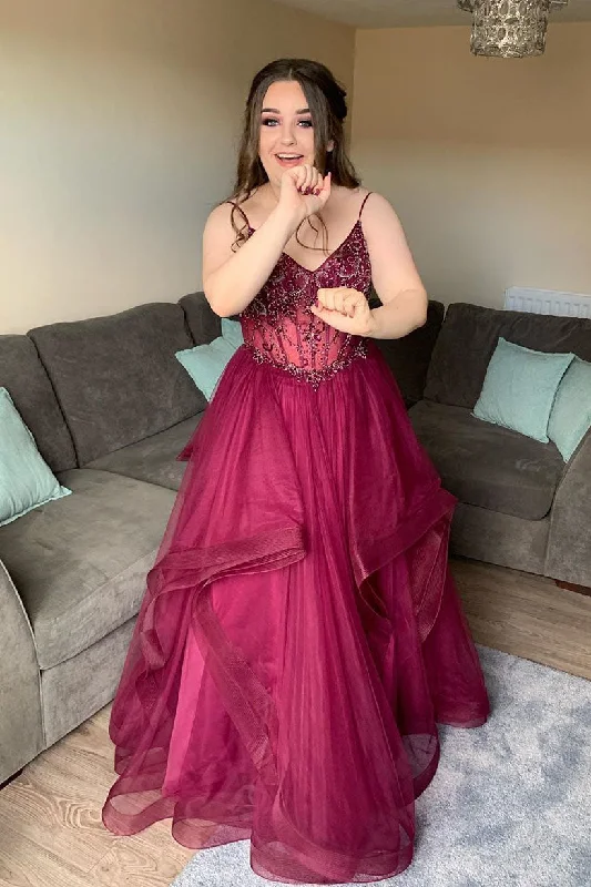 New Deals Elegant Spaghetti Straps Beaded Burgundy Long Prom Dress with Ruffles