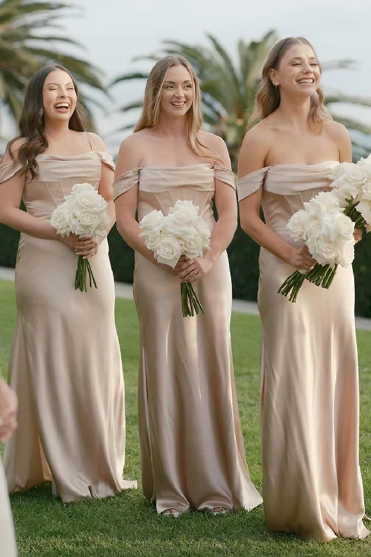 Special Savings Off the Shoulder Champagne Long Bridesmaid Dress
