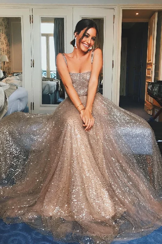 Lowest Price Spaghetti Straps Princess Gold Long Evening Dress
