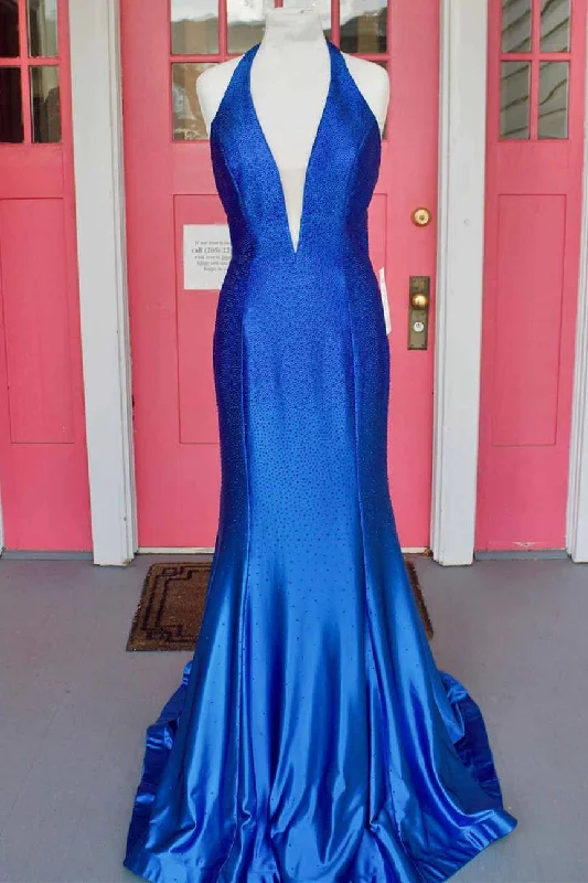 Closeout Plunging Neck Royal Blue Mermaid Prom Dress