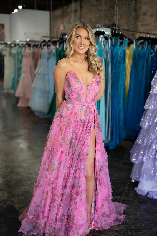 Daily Deals Fuchsia Floral Strapless V Neck Tulle Long Formal Dress