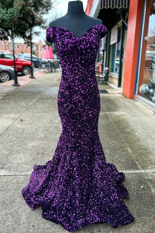 Don’t Miss Out Long Mermaid Grape Srequins Off the Shoulder Prom Dress