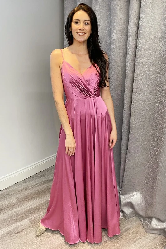 Seasonal Sale A-Line Straps Dusty Rose Satin Long Bridesmaid Dress