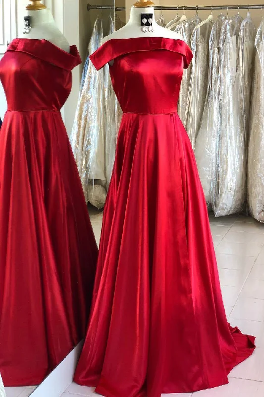 Online Only Off Shoulder Long Red Prom Dress with Keyhole Back