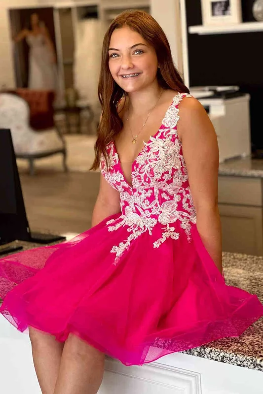 Massive Deals V-Neck Hot Pink Tulle Homecoming Dress with White Appliques