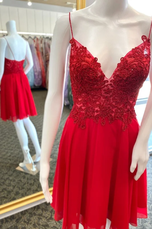 Super Deal Red Plunging V Neck Appliques A-line Homecoming Dress