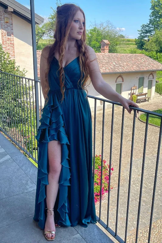 Super Sale Pleated Teal Ruffles A-Line Chiffon Bridesmaid Dress