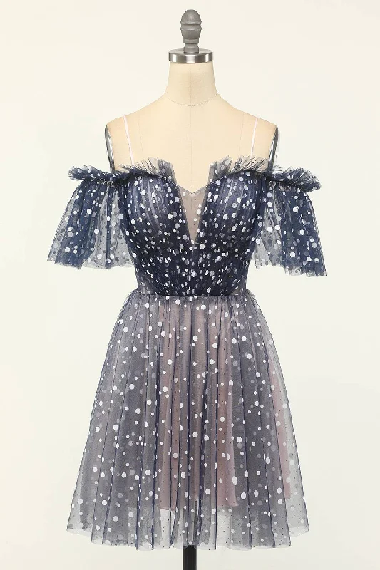 Blowout Deals Off the Shoulder Navy Blue Polka Dots Tulle Homecoming Dress