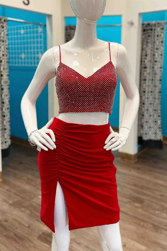 Extra Savings Two Piece Tight Red Homecoming Dress with Rhinestones