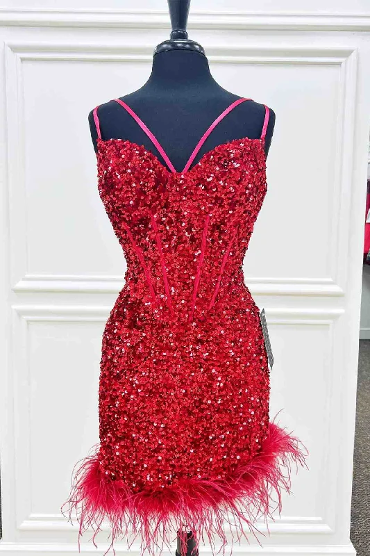 Massive Deals Feather Hem Red Sequins Bodycon Homecoming Dress