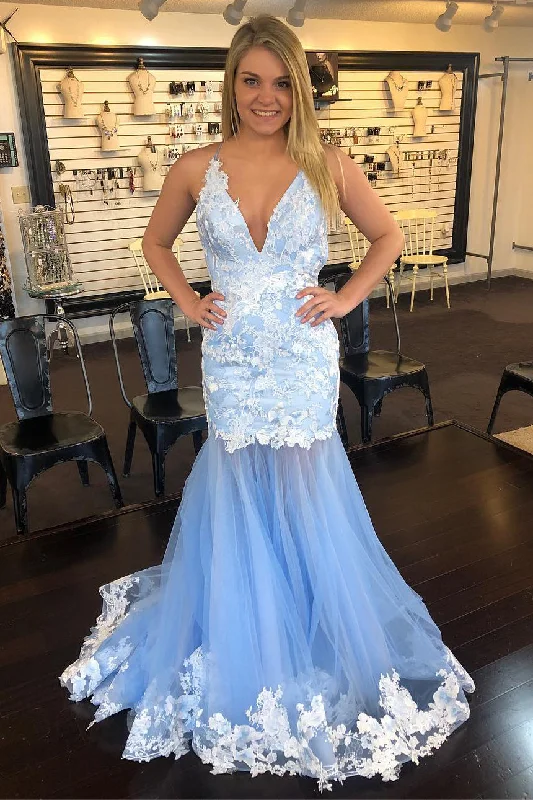 Markdowns Mermaid V-Neck Lace Appliques Sky Blue Prom Dress