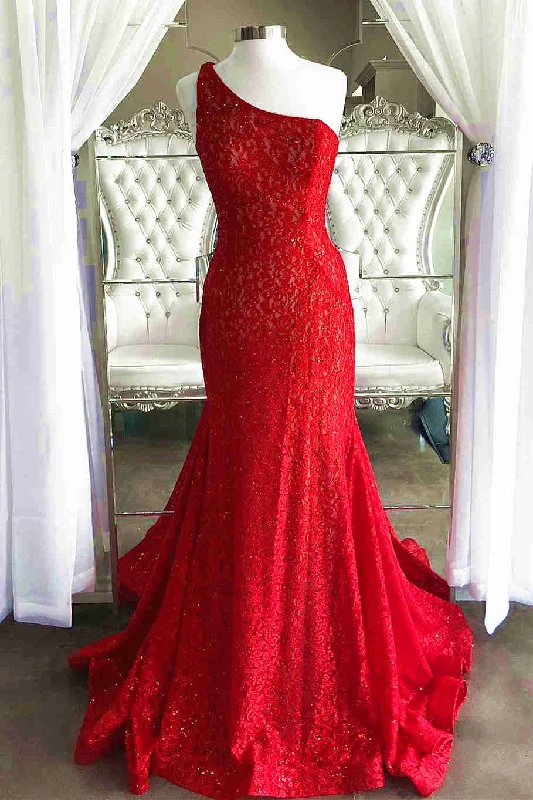 Lowest Price Mermaid Red One Shoulder Lace Long Prom Dress