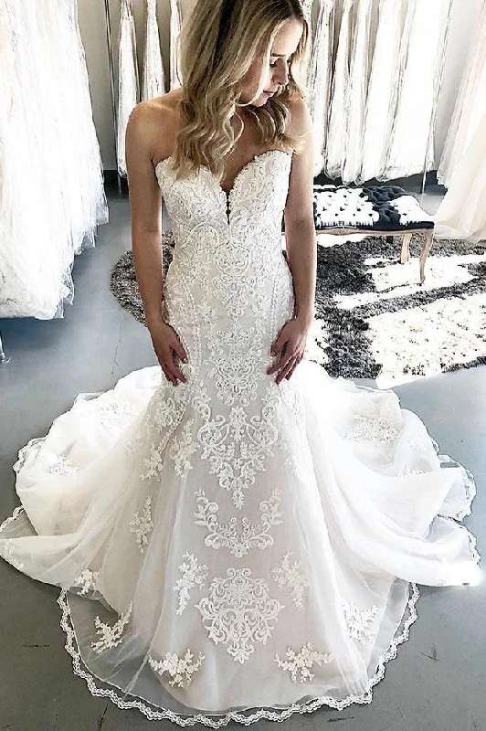 Today’s Special Chapel Train Mermaid Sweetheart White Wedding Dress with Lace