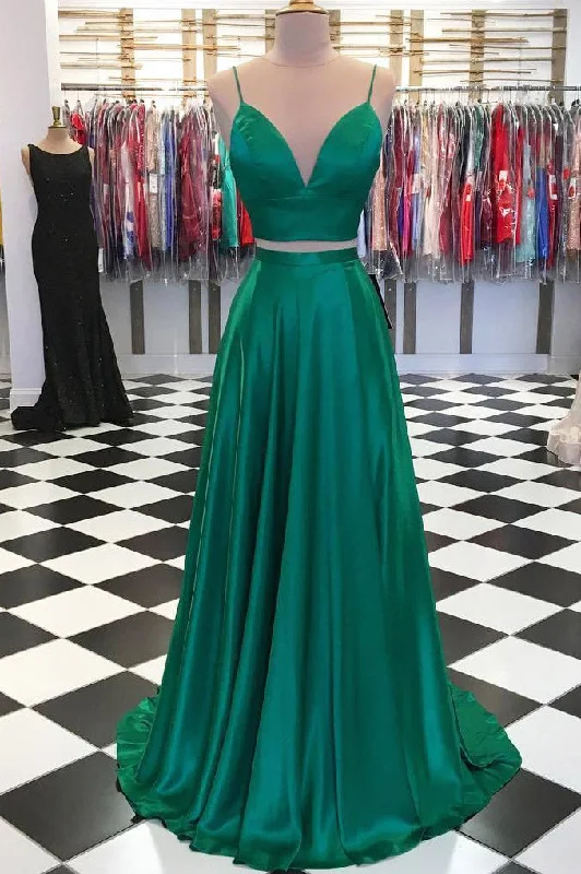Low Prices Two Piece A-Line Green Prom Dress with Bowknot Back