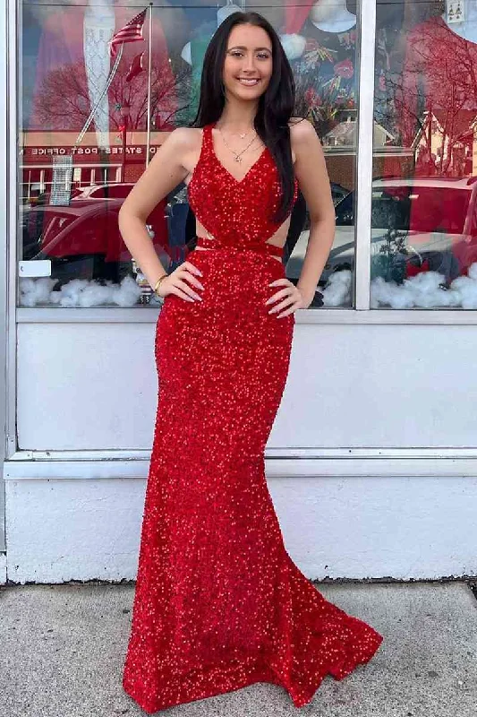 Shop and Save Red Mermaid V Neck Sequins Backless Long Prom Dress