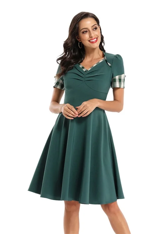 Deal of the Day V-Neck Medium Length Teal Party Dress with Short Sleeves
