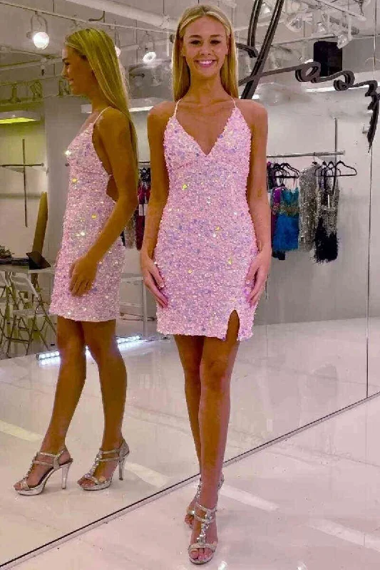 Huge Discounts Straps V-Neck Pink Tight Homecoming Dress