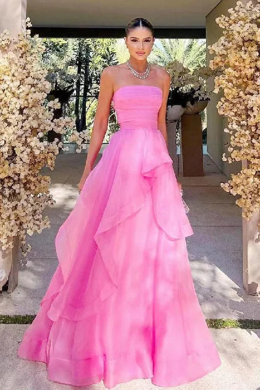 Low Prices Strapless Pink Tulle Ruffle A-line Formal Dress