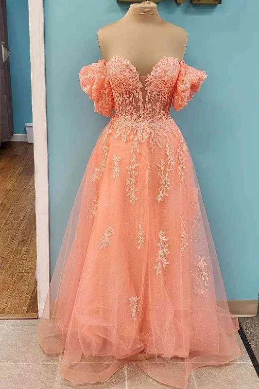 Best Deals Coral Off-Shoulder V Neck A-line Tulle Applique Lace-Up Back Long Prom Dress