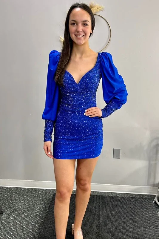 Online Specials Royal Blue Puff Long Sleeves Tight Homecoming Dress with Rhinestones