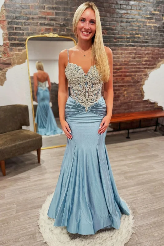 Lowest Prices Straps Sheer Appliques Satin Memaid Prom Dress