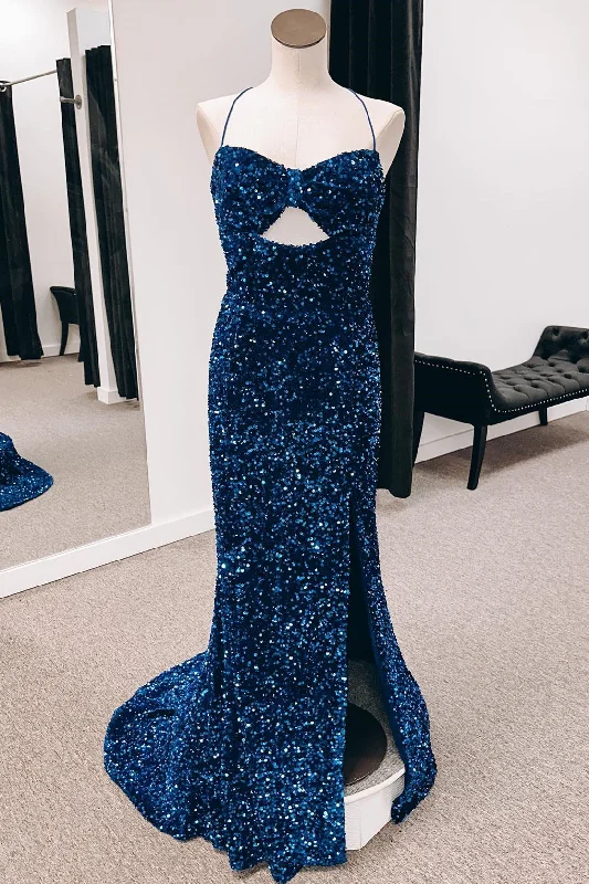 Holiday Sale Blue Mermaid Spaghetti Straps Cut-Out Sequins Long Prom Dress
