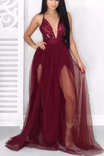 Online Only Plunging Neck Burgundy Prom Dress with Criss Back