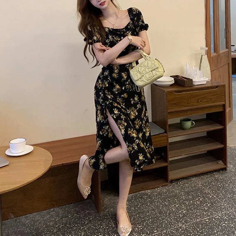 Lowest Prices Back to College Elegant Floral Dress Women Short Sleeve Midi Vintage Dress Square Collar French Retro Sexy Party Dress Summer Korean Style Lowest Prices Back to College Elegant Floral Dress Women Short Sleeve Midi Vintage Dress Square Collar French Retro Sexy Party Dress Summer Korean Style