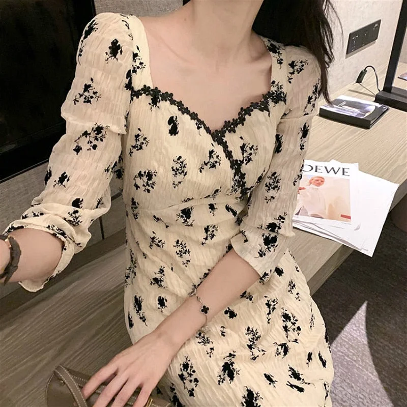 Must-Have Deals Back to College Floral Dress Women Casual Vintage V-Neck Three Quarter French Slim Party Midi Dress Elegant One-piece Dress Korean Autumn Must-Have Deals Back to College Floral Dress Women Casual Vintage V-Neck Three Quarter French Slim Party Midi Dress Elegant One-piece Dress Korean Autumn