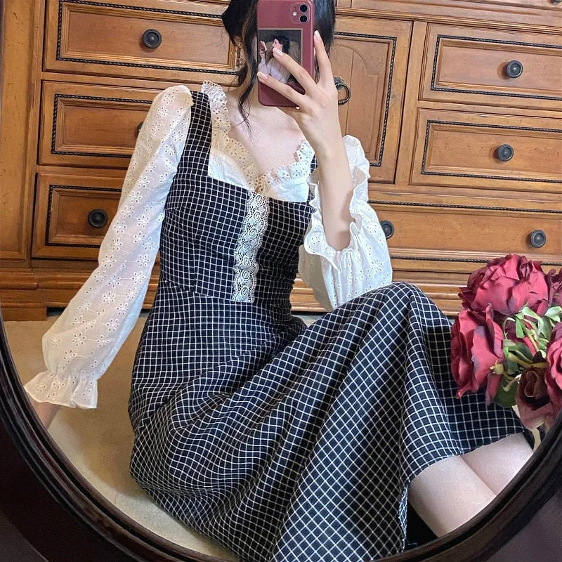 Crazy Savings Back to College French Vintage Dress Women Casual Elegant Plaid Midi Sweet Dress Party Long Sleeve Lace one piece dress Korean Autumn Chic Crazy Savings Back to College French Vintage Dress Women Casual Elegant Plaid Midi Sweet Dress Party Long Sleeve Lace one piece dress Korean Autumn Chic