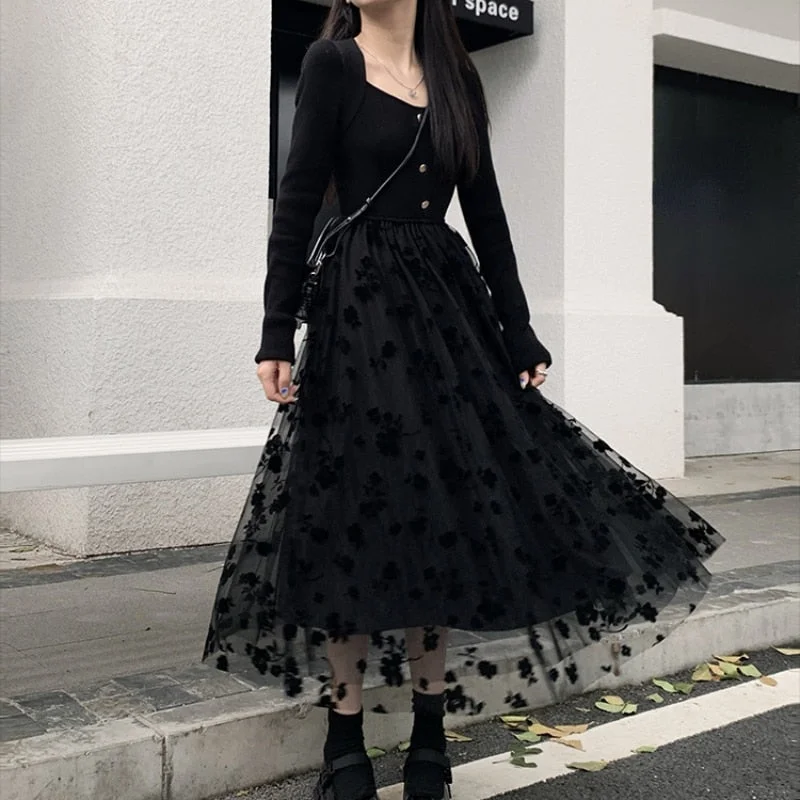 Blowout Deals Back to College Gothic Black Dress Women Casual Vintage Knitted Midi Dress Party Elegant Winter Y2k One Piece Dress Korean Fashion Outwear Blowout Deals Back to College Gothic Black Dress Women Casual Vintage Knitted Midi Dress Party Elegant Winter Y2k One Piece Dress Korean Fashion Outwear
