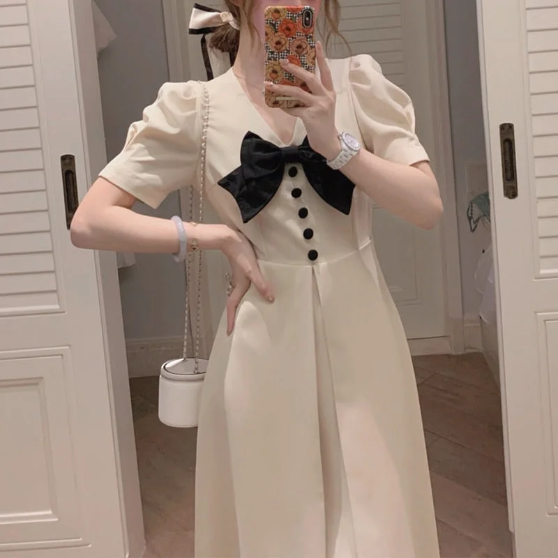 YEAR-End Clearance Back to College Korean Fashion Solid Elegant Midi Dresses Women Casual Short Sleeve Sweet Vintage Dress Office Ladies Bow Design Sumemr YEAR-End Clearance Back to College Korean Fashion Solid Elegant Midi Dresses Women Casual Short Sleeve Sweet Vintage Dress Office Ladies Bow Design Sumemr